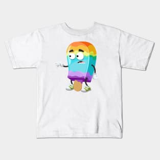 cartoon scared rainbow colors ice cream on a stick mascot in sneakers Kids T-Shirt